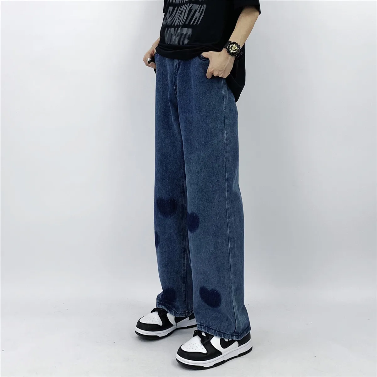 Men Jeans Ins Hip Hop Trend Love Print Straight Wide Leg Pants Loose Casual Jeans Men and Women Trousers Y2k Pants Ins Hot Sale
