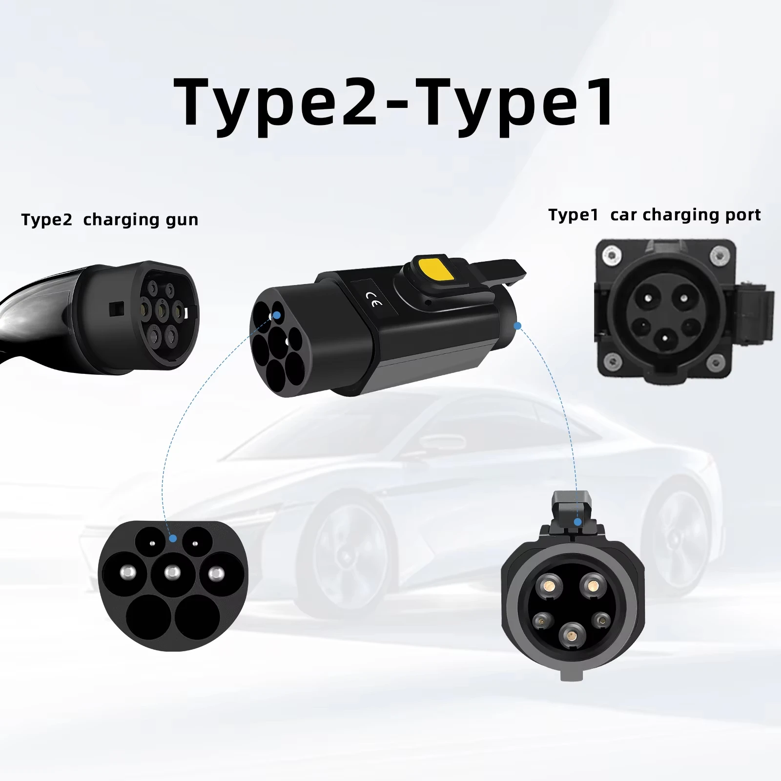 IEC62196 Адаптер зарядного устройства для электромобилей типа 2 на тип 1 32 А, 250 В — SAE J1772, совместимая с быстрой зарядкой 7 кВт