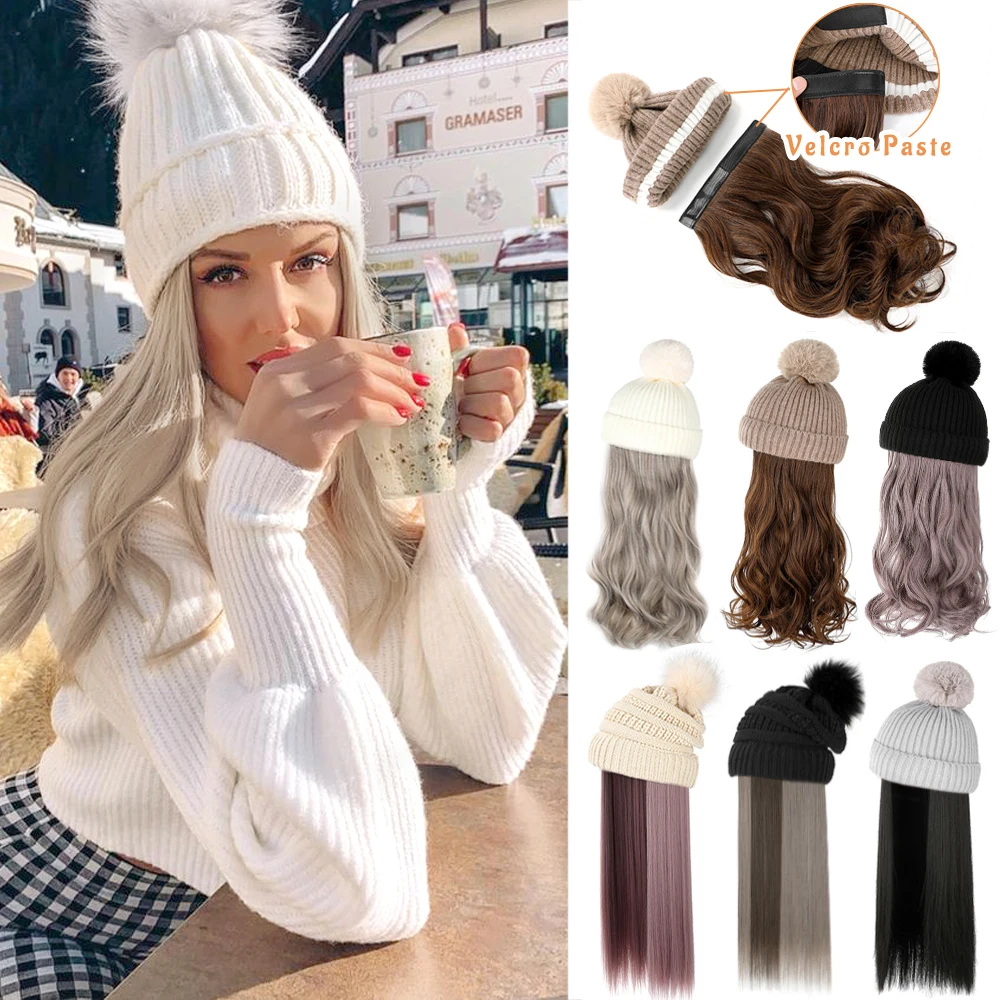 Women's Detachable Knitted Hat Long Hair Warm Fashion Autumn and Winter Must-Have High Temperature Resistant Synthetic Hat Wig
