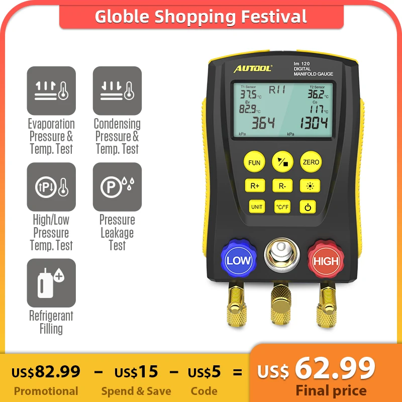 

AUTOOL LM120 Refrigeration Manifold Digital HVAC Cold Medium Vacuum Pressure Temp Car Air Conditioning Tester PK Testo DY517A