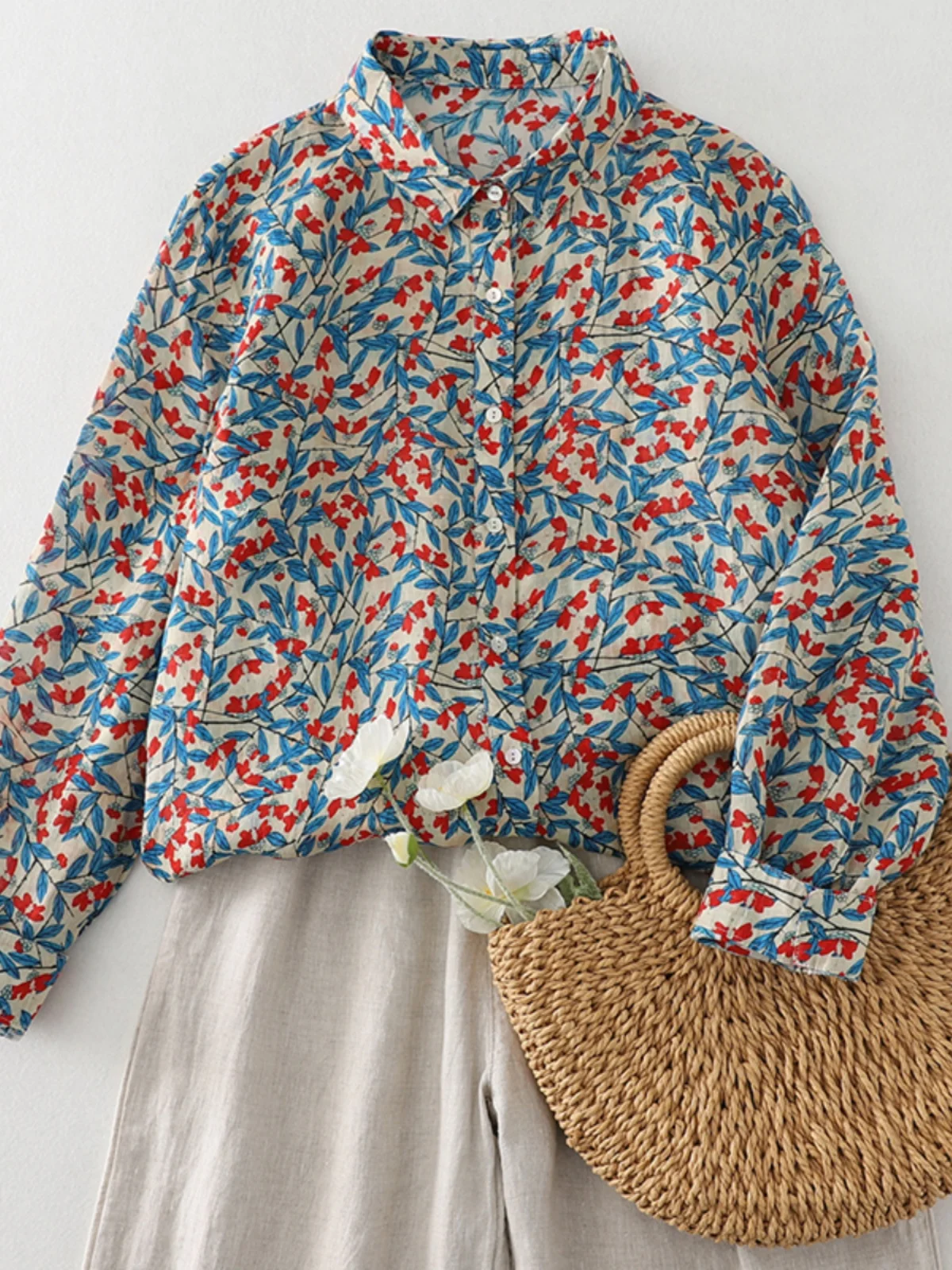 Японская стильная экспортная рубашка с синими листьями и цветочным принтом