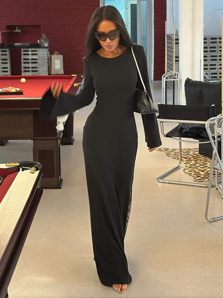 Фото Платье Sisterlinda Simple Dress для женщин, модное, с кружевными вставками, круглым вырезом, пышными рукавами, эластичное, элегантное, для банкетов, вечеринок, клубов, длинное, облегающее. №3