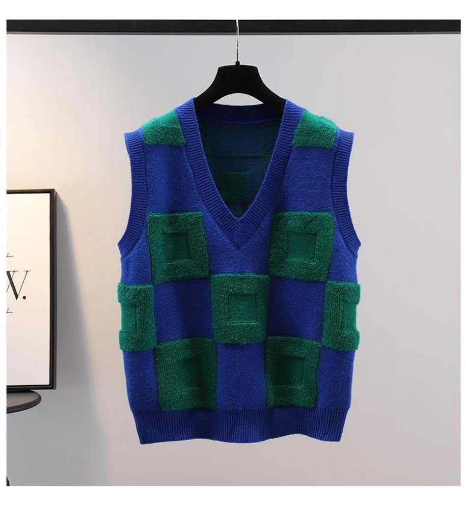 

Blue Black Square lattice V-neck Knit Sleeveless Spring Sweater Vest Loose Waistcoat Clothing Lady Top Cloth Coat for Women girl