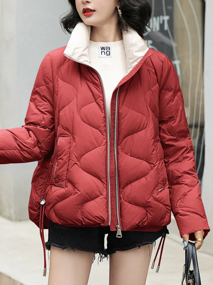 FMFSSOM Winter Women Jacket 90% White Duck Down Coat Long sleeve  Casual Jacket Stand Collar Covered Button Warm Snow Out Wear