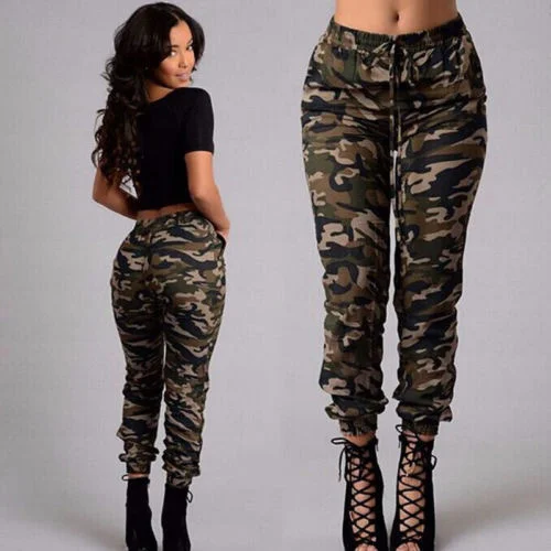 

New Hot Sale Stretchy Waistband Convergent Trousers Fashion Plus Size Camouflage Stylish Skinny Army Green Jeans Pants Women