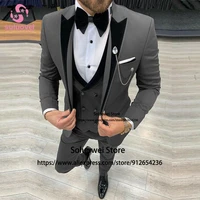 suits for men grey slim fit wedding groom peaked lapel tuxedo 3 piece jacket vest pants set formal business blazer custom made