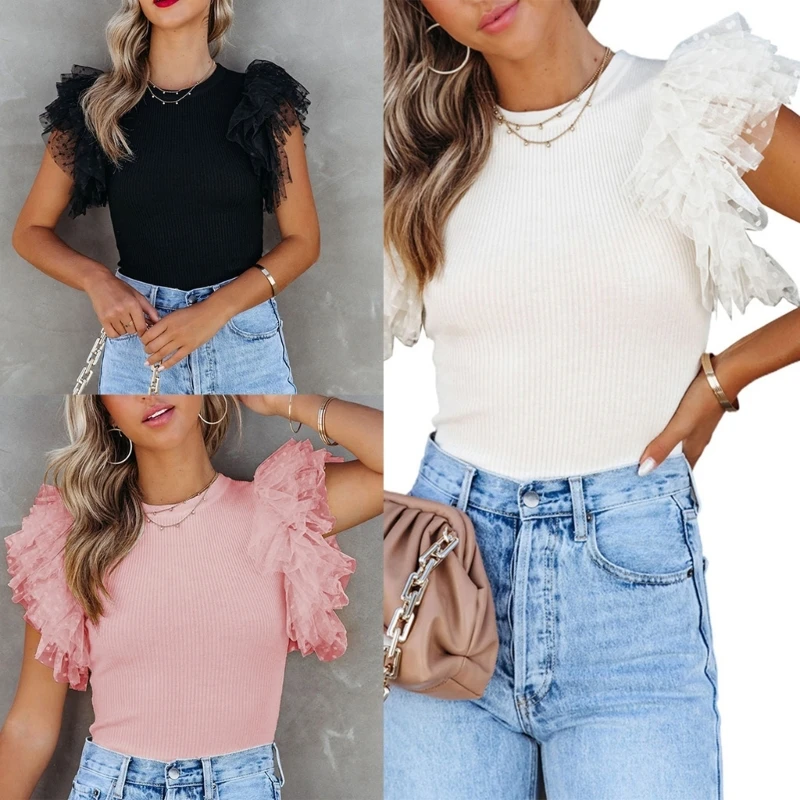 

Женская сетчатая рубашка в горошек с оборками и коротким рукавом, повседневный облегающий однотонный топ Cewmeck