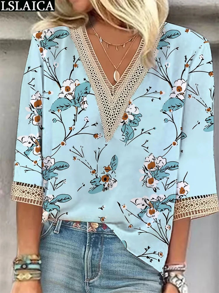 

Fashion Woman Blouse 2023 Half Sleeve V Neck Lace Splic Print Loose Women's Clothing Chic Elegant Shits and Blouses Summer Tops