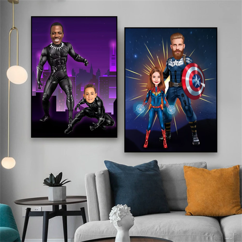 

Custom Father's Day Gift Poster Personalized Iron Man Captain Superhero Portrait Cartoon Prints Family Canvas Painting Decor