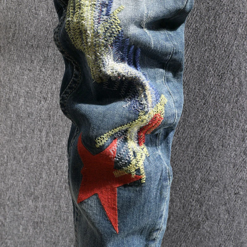 Fashion Designer Men Jeans Slim Fit Retro Blue Patched Ripped Jeans Men Trousers Embroidery Hip Hop Stretch Denim Pants Hombre