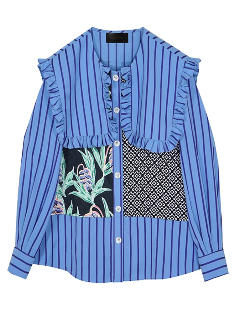 

Women Blue Striped Big Size Casual Blouse New Lapel Long Sleeve Loose Fit Shirt Fashion Tide Spring Autumn 2022 Womens Tops