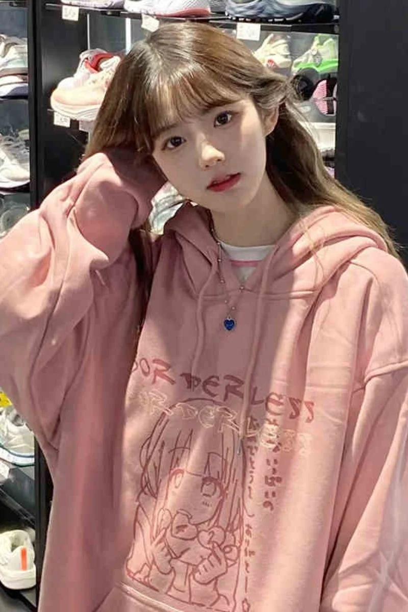 Женский свободный свитер с капюшоном розовая толстовка мультяшным принтом для