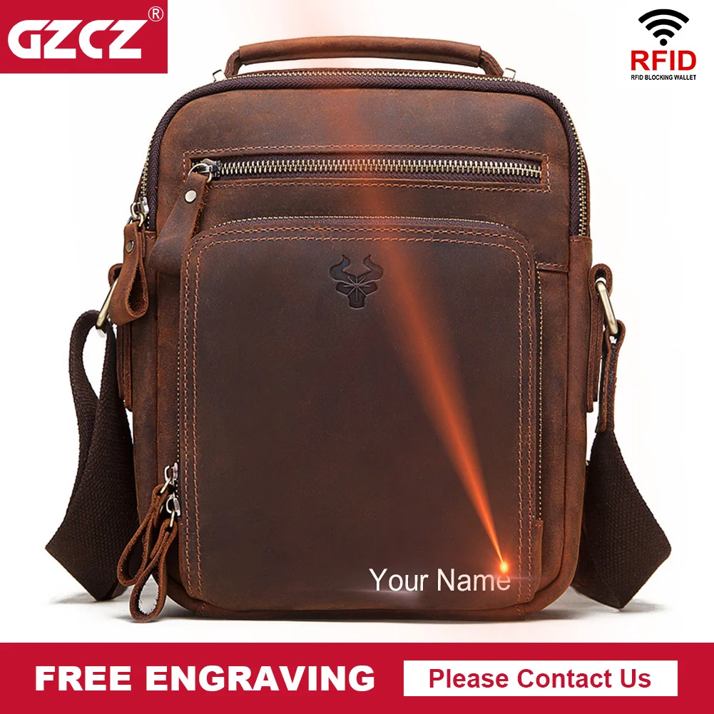 GZCZ Crazy Horse Leather Men's Shoulder Bag Vintage Messenger Bags Men Bolsos Male Crossbody Bags Man's Handbag Sling Bag Travel