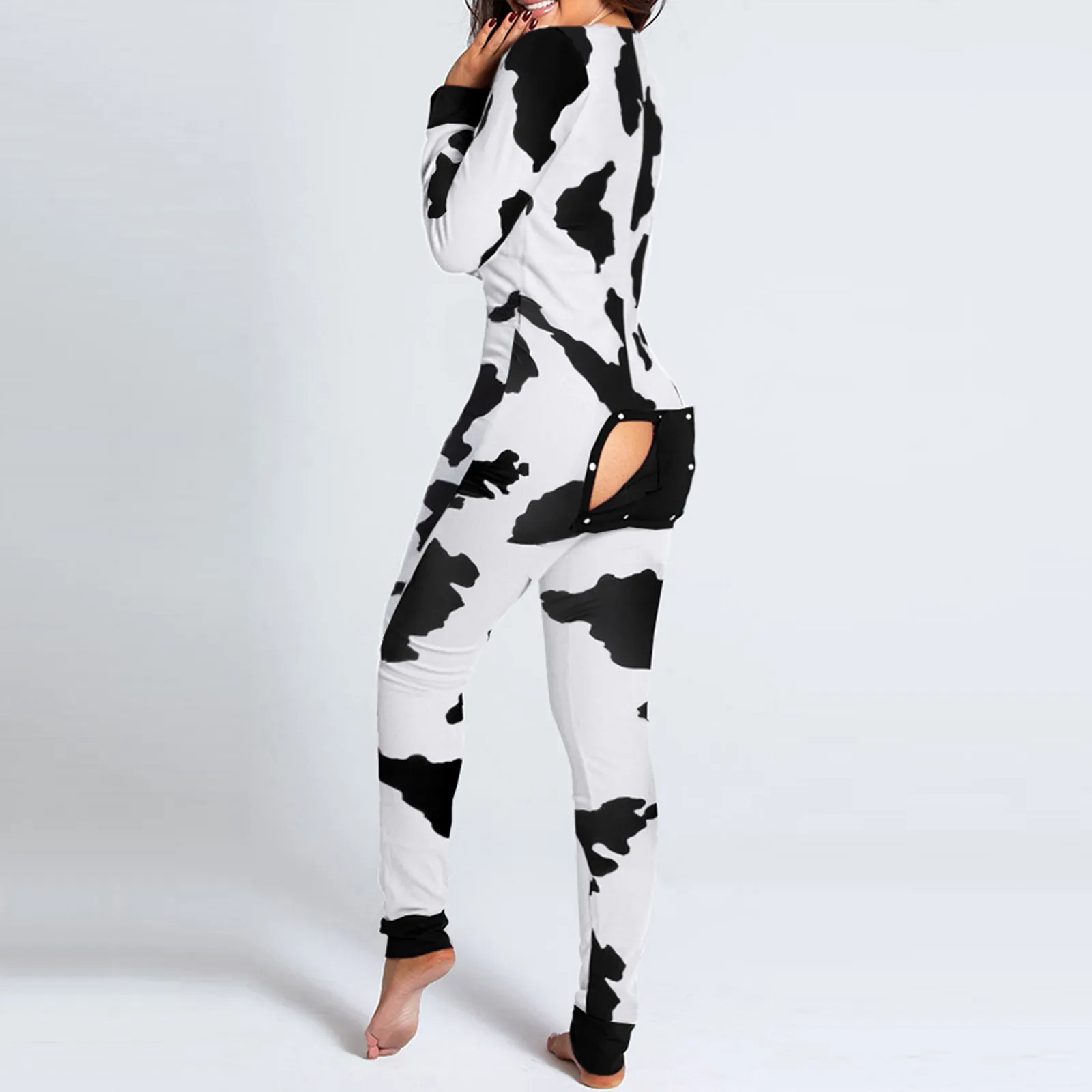 Sexy Women Onesies Milk Cow Jumpsuit Cutout Functional Buttoned Flap Adults Pajamas Club Button Design Plunge Lounge Jumpsuit