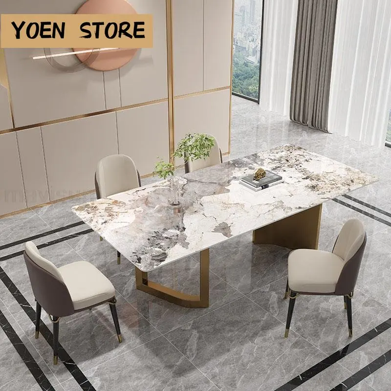 

Luxury Marble Dining Table Set 6/8 Chairs Stainless Steel Gold Base Nordic Rock Slab Tables Chair