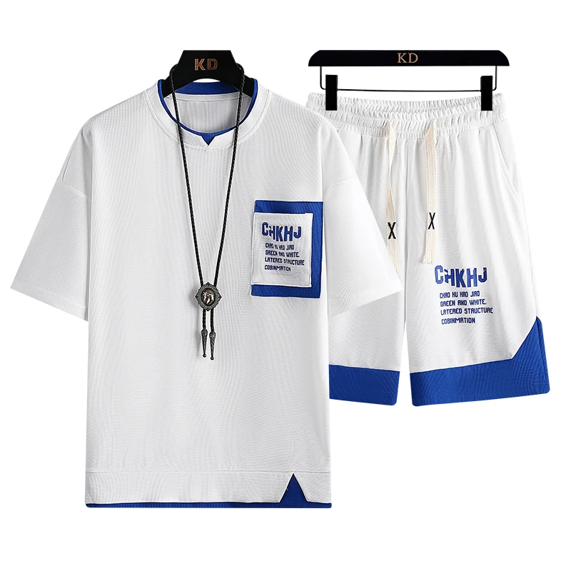 Waffle Short Sleeve Suit Men's Summer New Fashion Brand Set Handsome Youth Student Sports Casual Clothes
