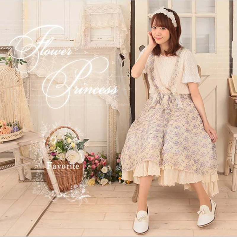 Summer Mori Girl Floral Sweet Chiffon Dress Women Harajuku Fake Two Pieces Sleeveless Female Cotton Kawaii Princess Dresses A311