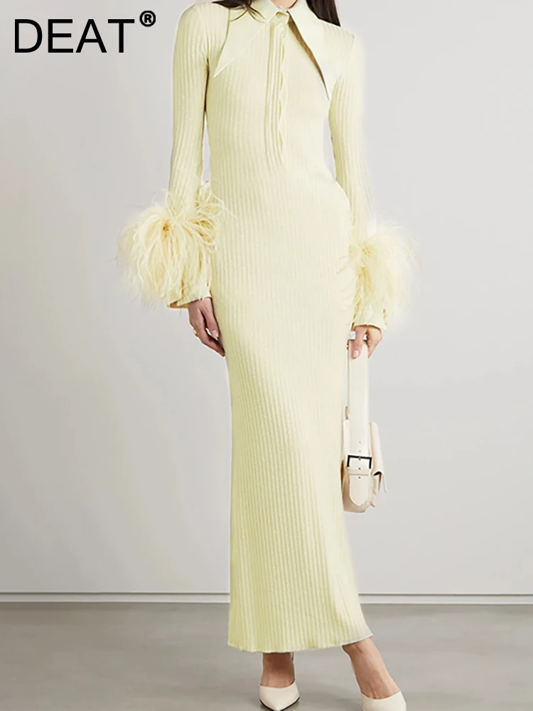 

[DEAT] Women's Knitted Dress Lapel Long Sleeve Spliced Feathers Medium Stretch Fashion Female Dresses Summer 2023 New 13DB1636