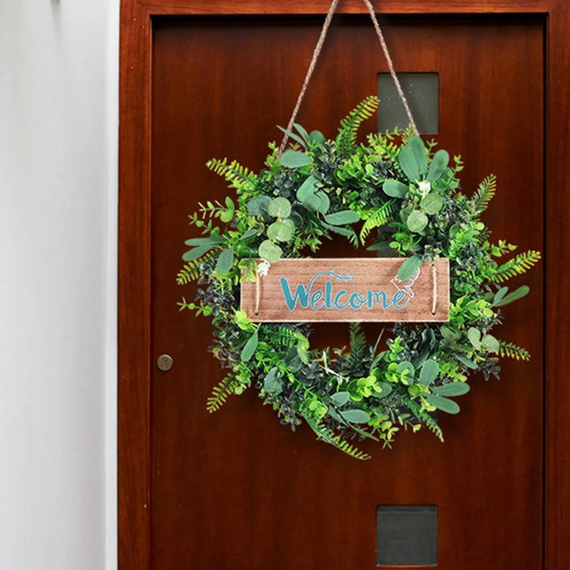 

Artificial Eucalyptus Welcome Wreath - 16 Inches Wreath with Wooden Sign for Front Door Porch Decor Farmhouse Decoration