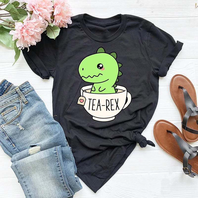 

Милая женская футболка Tea-Rex, забавная футболка с мультипликационным динозавром, Женская хлопковая Милая одежда с короткими рукавами, женск...