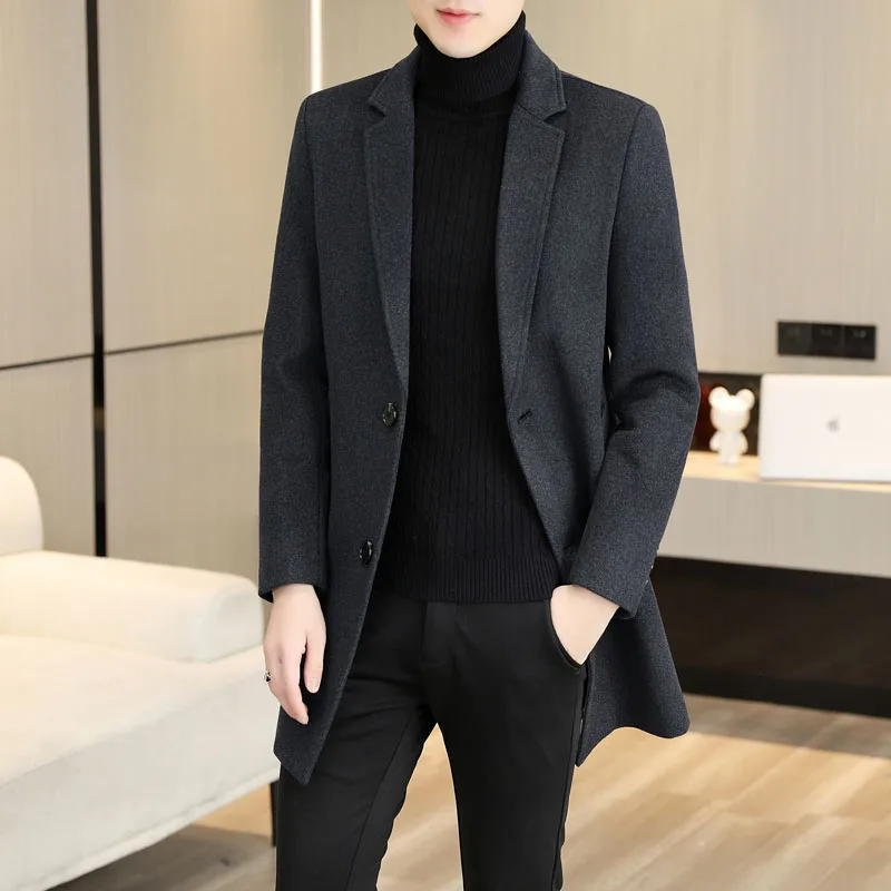 

2023 Autumn and Winter Woolen Trench Coat Men's Mid-Length Wool Overcoat Young and Middle-Aged Korean Style Slim-Fit Wool Coat