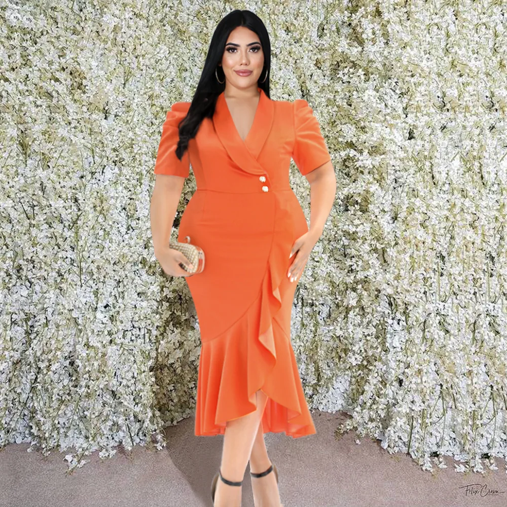 

Женское вечернее платье с юбкой годе, элегантное оранжевое облегающее платье с полурукавами-фонариками, пуговицами и оборками, отложным во...