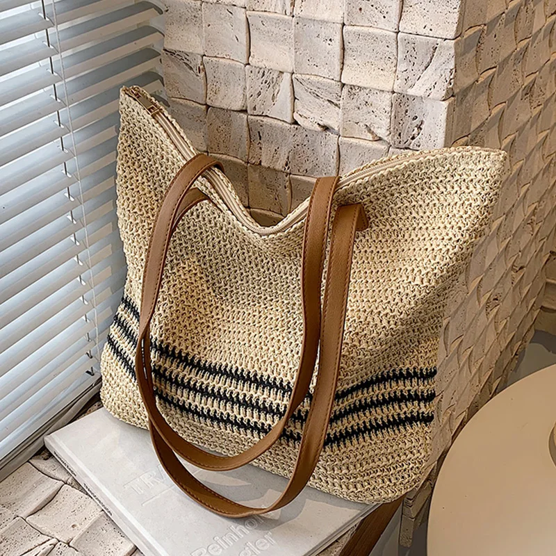 

Модные соломенные сумки для женщин, дизайнерская Роскошная пляжная сумка в полоску в стиле бохо, плетеная женская сумка-шоппер, лето 2022