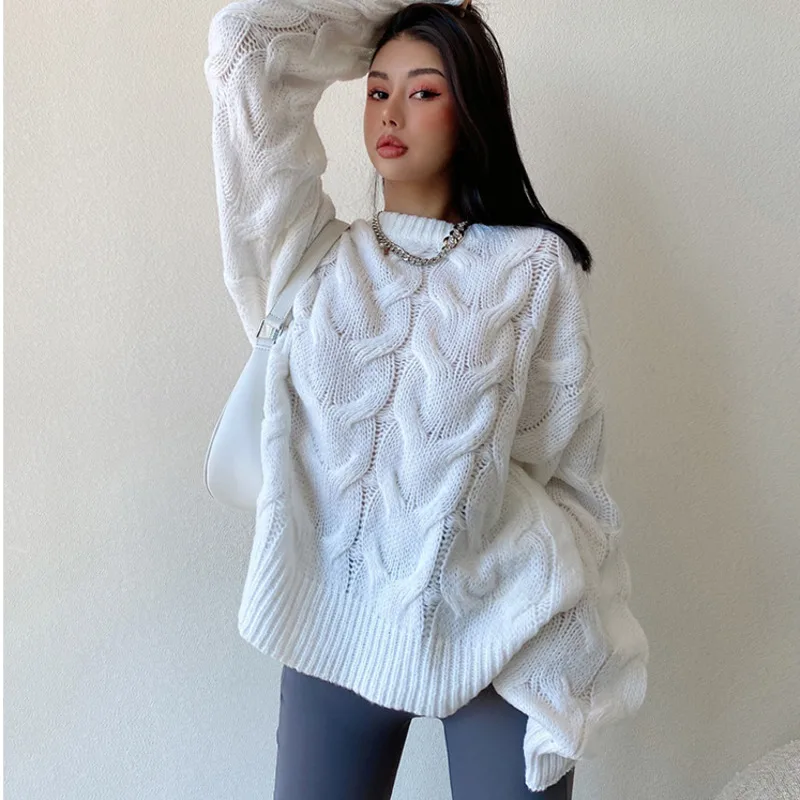 

WOMENGAGA Twist Sweater Female Autumn Winter Lazy Wind Loose Fashionable Black Round Neck Top Korean Thick 2022 ZG2Q