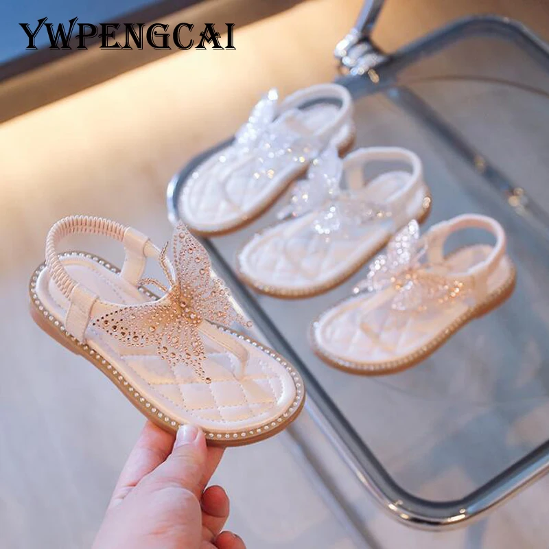 

Size 26-37 Summer Children Beach Shoes Fashion Rhinestone Butterfly Girls Sandals Ankle Elastic Strap Flat Sandals For Girl