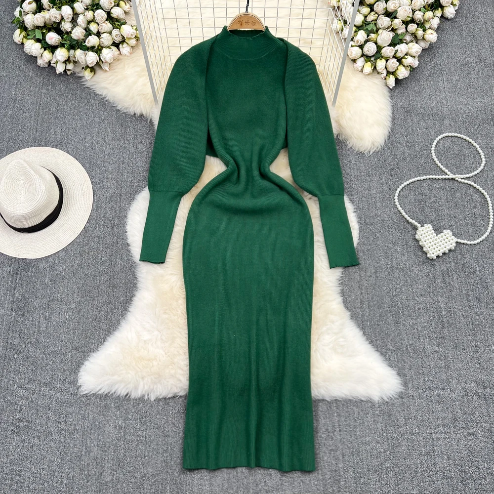 

Autumn and Winter High Neck Slim Waistcoat Knitted Bottom Bottom Dress + Knitted Cardigan Coat Two-piece Set