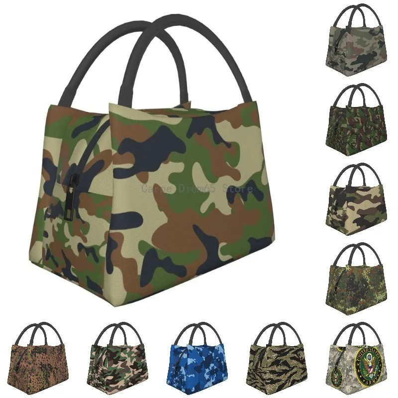 Woodland Camouflage Resuable Lunch Boxes for Women Multifunction Military Camo Thermal Cooler Food Insulated Lunch Bag