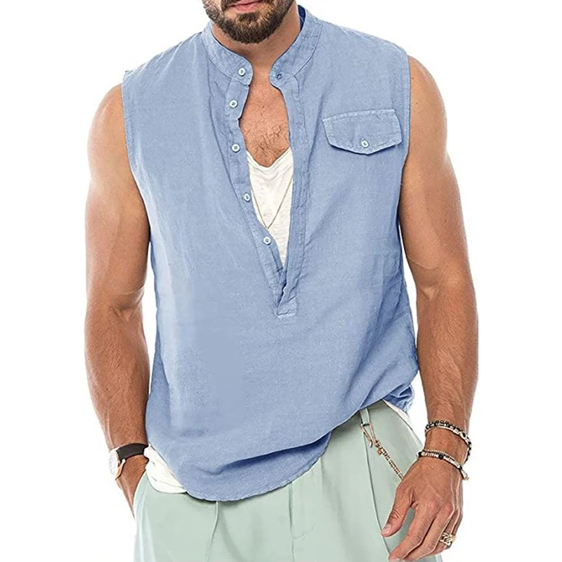 

Tank tops Summer Man sleeveless t-shirt Casual Outdoor Sport men Top Cotton Linen T-shirt Solid Color Breathable Vest