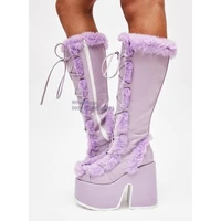 purple boots fur decor lace up women shoes on heels chunky high heel mid calf boots solid side zipper platform boots for women