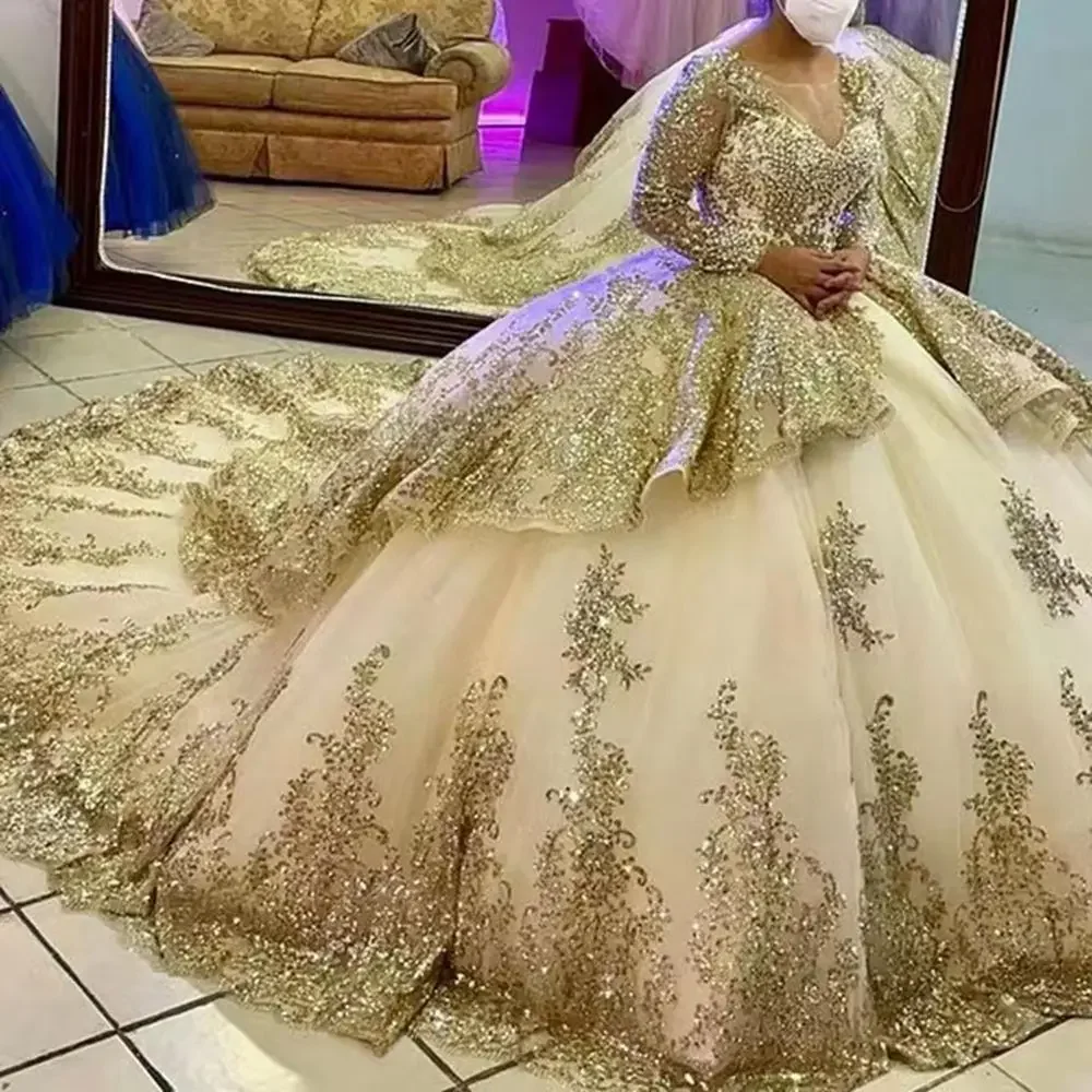 

Блестящее кружевное бальное платье цвета шампанского с золотыми аппликациями и блестками, платья для Quinceanera, платья для девушек 15 дюймов