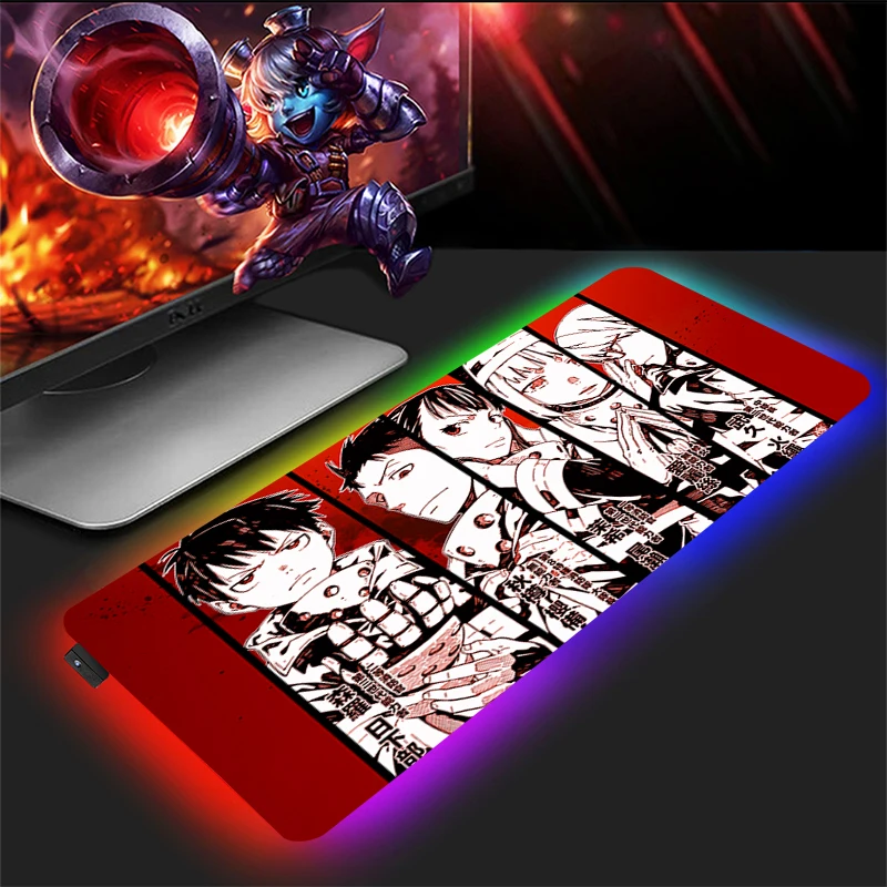 

RGB коврик для мыши Xxl, игровой коврик для мыши Fire Force, компьютерные аксессуары, Светодиодный настольный коврик, Игровая клавиатура, большая уд...