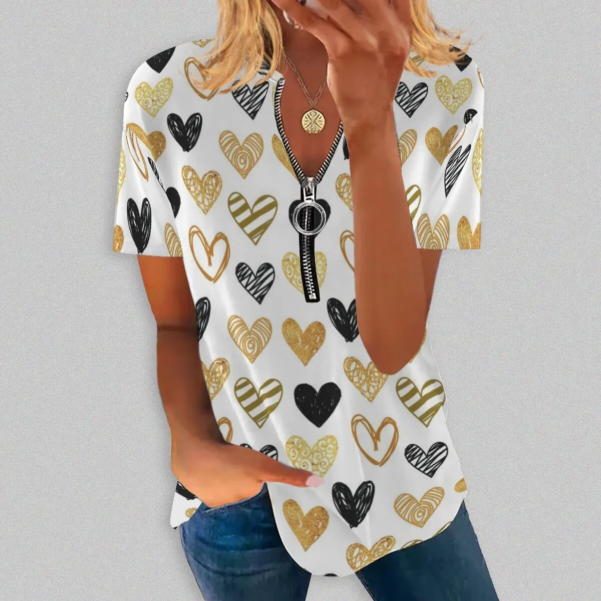 

Летняя новинка, Модный женский топ с круглым вырезом и длинным принтом на молнии, с коротким рукавом, повседневная фотография