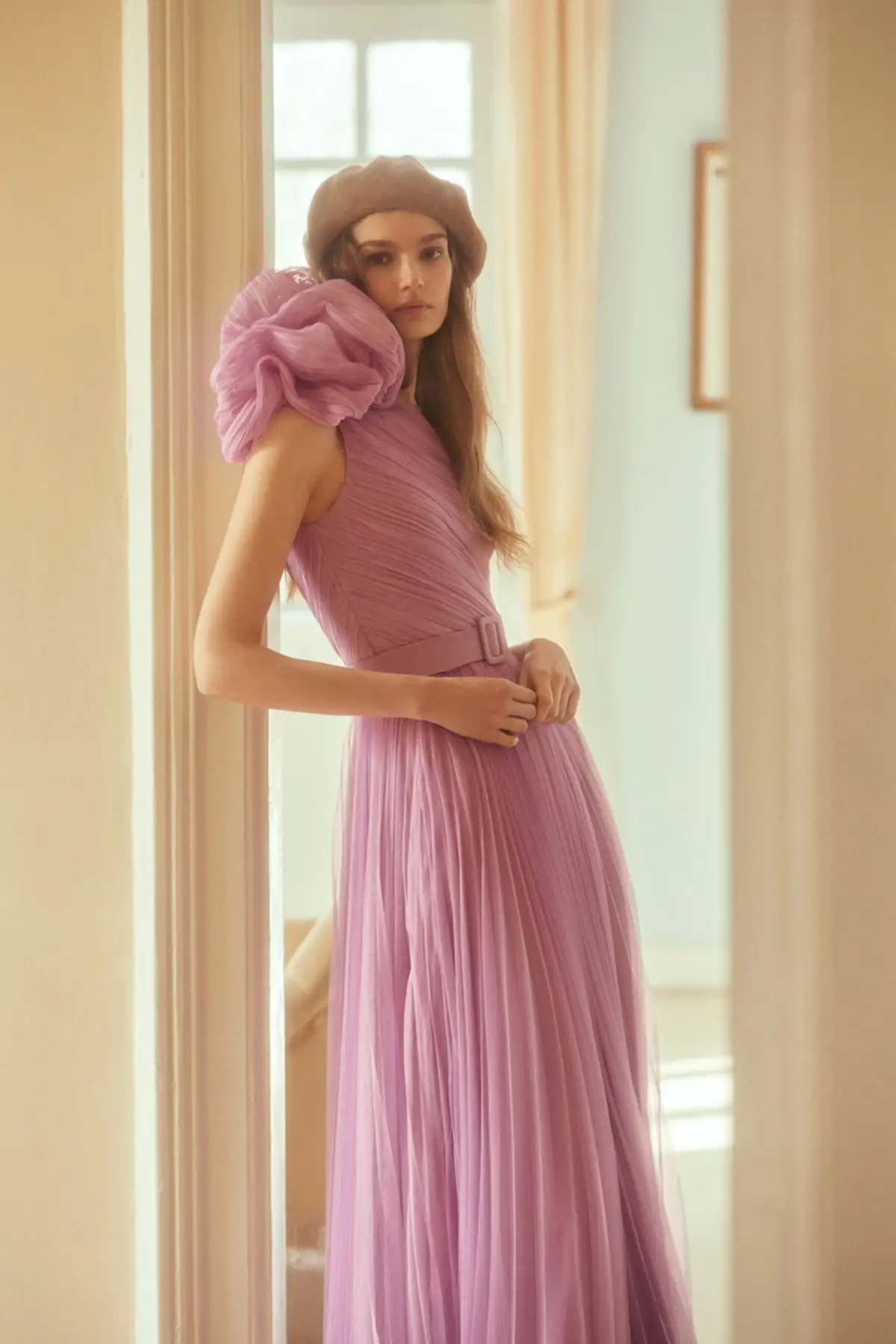 

X wish Hanif belt pleated evening dress TPRSS22AE0003