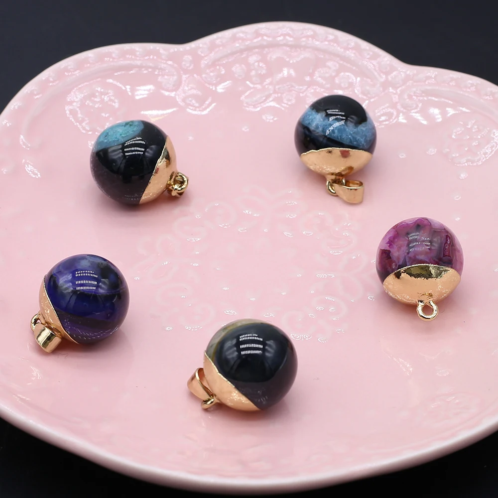 

Natural Stone Agate Round Ball Gold Plated Pendant For Jewelry MakingDIY Necklace Earring Accessory Gemstone Charm Gift Decor1pc