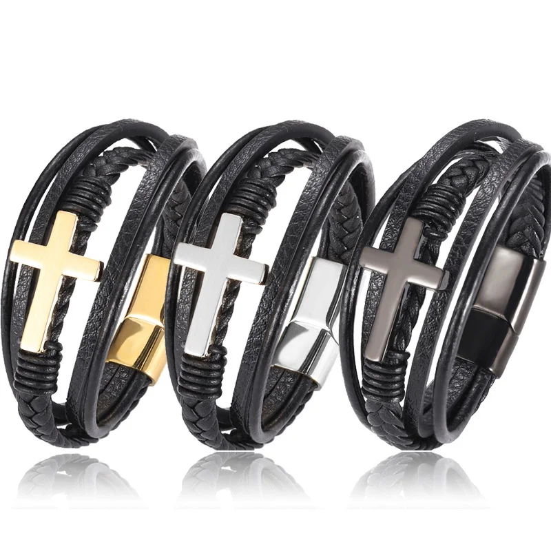 

Fashion Multilayer Stainless Steel Charm Men Bracelet Leather Cross Braided Punk Rock Bangles Jewelry Gift Accessories Wholesale