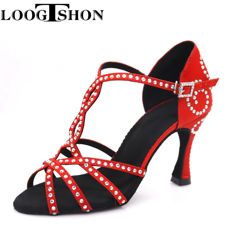 Loogtshon latin dance shoes woman Latin Dance Shoes shining RED  satin Women Salsa party Ballroom shoes