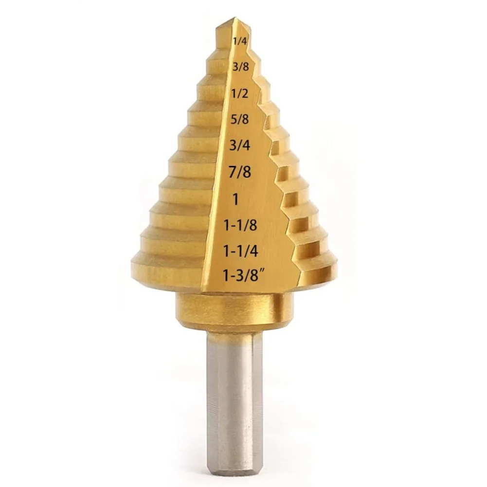 

1/4"-1-3/8" Step Drill Bit Straight Groove Pagoda Hole Cutter Metal Sheet Cone Drill Bit Triangular Shank Step Hole Opener