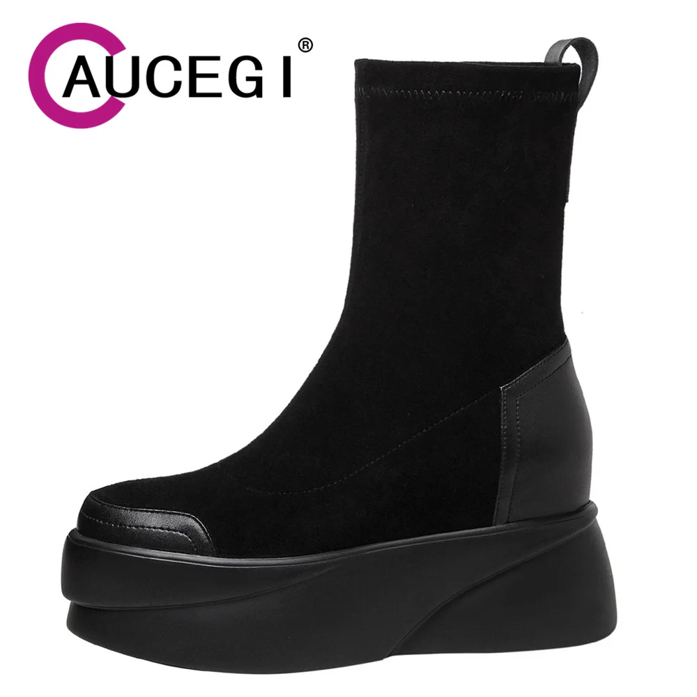 

Aucegi четырехсезонные ботильоны женские Стрейчевые из флока на толстом высоком каблуке модная офисная обувь на платформе с круглым носком без застежек черные