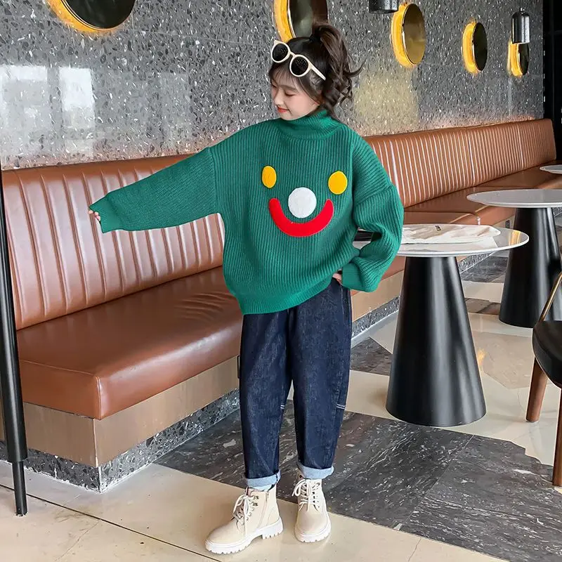 

Girls High Neck Sweater Autumn Winter 2023 Children's Wear Knitted Fashion Underlay Sweater with Thickened Fleece 6 5 7 12 Years