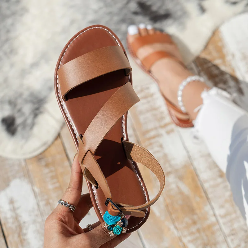 

Сандалии женские кожаные в стиле ретро, плоская подошва, однотонные Удобные повседневные пляжные туфли с круглым носком, PU1, лето 2023