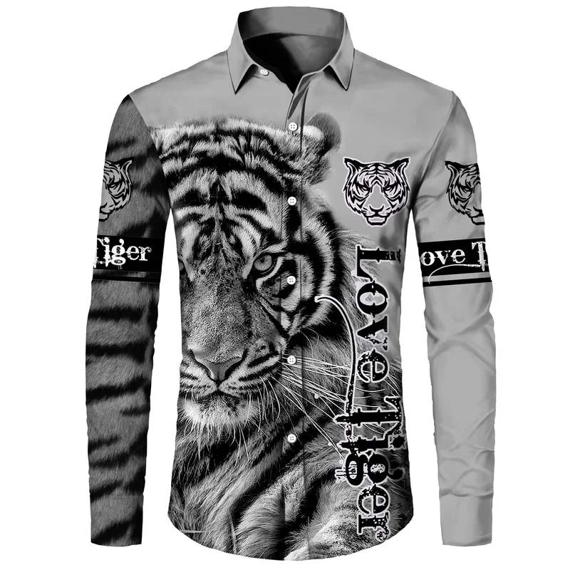 Cool Tiger 3D Print Men Shirts Turn-down Collar Buttoned Shirt Casual Long Sleeve Tops Hip Hop Men's Clothing Chic Prom Cardigan