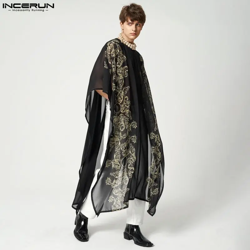 

Футболка INCERUN Мужская сетчатая, длинная прозрачная пикантная уличная одежда с принтом, Модный повседневный пончо с разрезом и асимметричны...