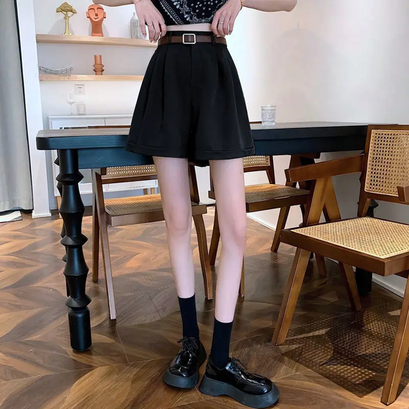 2023 Summer New Line Solid Causal Wide Loose Shorts For Women High Elastic Waist Suits Shorts With Pockets  Short  Female W11