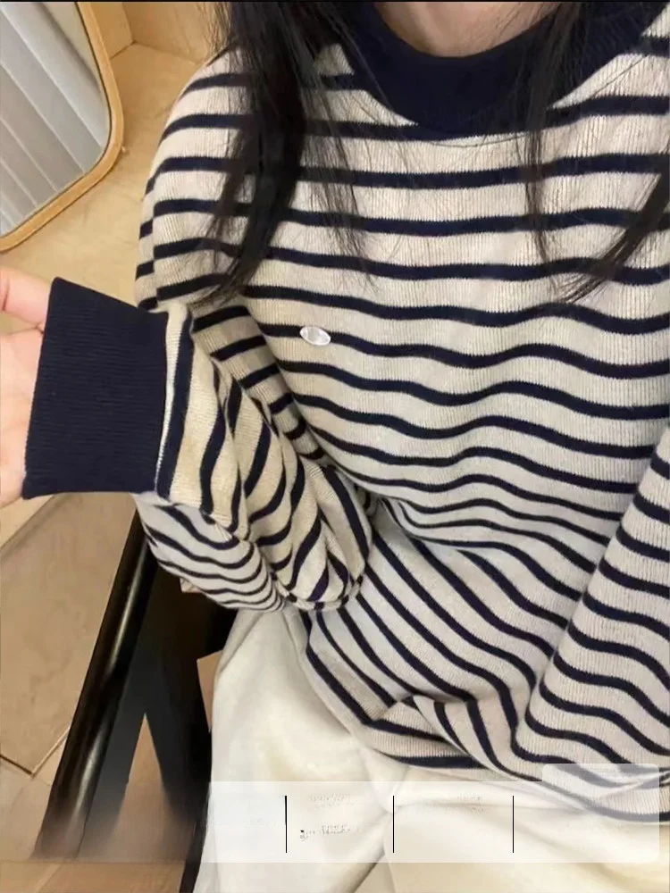 [В наличии] Пуловер в полоску контрастного цвета вязаный женский осенне-зимний