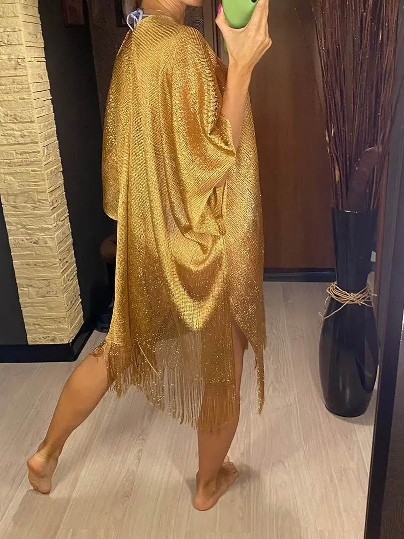 Сексуальная сетчатая блестящая трикотажная туника с бахромой Пляжная накидка