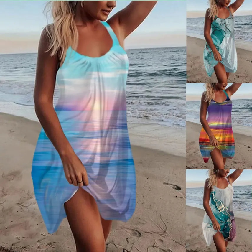 Loose Beach Sleeveless Floral Print Dresses 2023 Summer Women's Dress Sexy Beach Spaghetti Strap A-Line Slip Sundress Vestidos